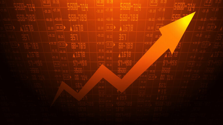 Upward-trending arrow over a stock market ticker display