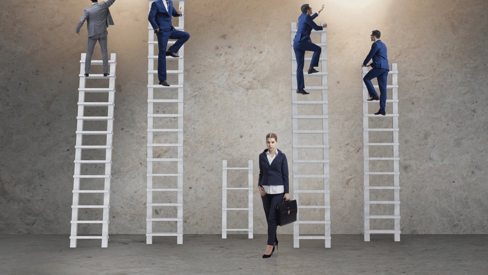 Businesspeople climbing ladders representing investment biases and decision challenges.