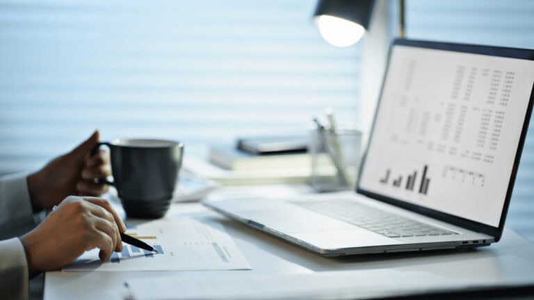 Young professional analyzing financial data on laptop and documents.