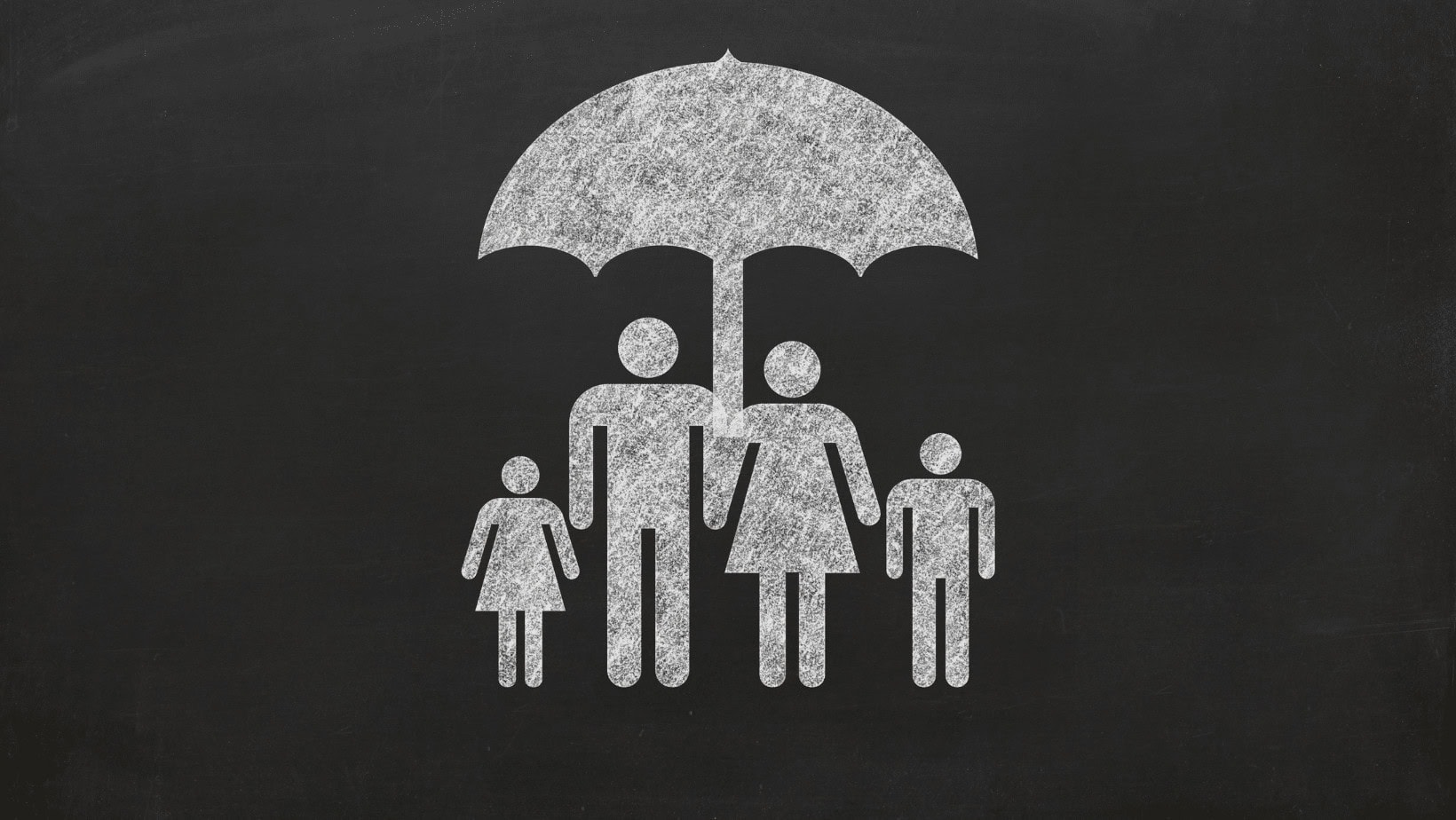 Family under umbrella symbolizing protection and security.