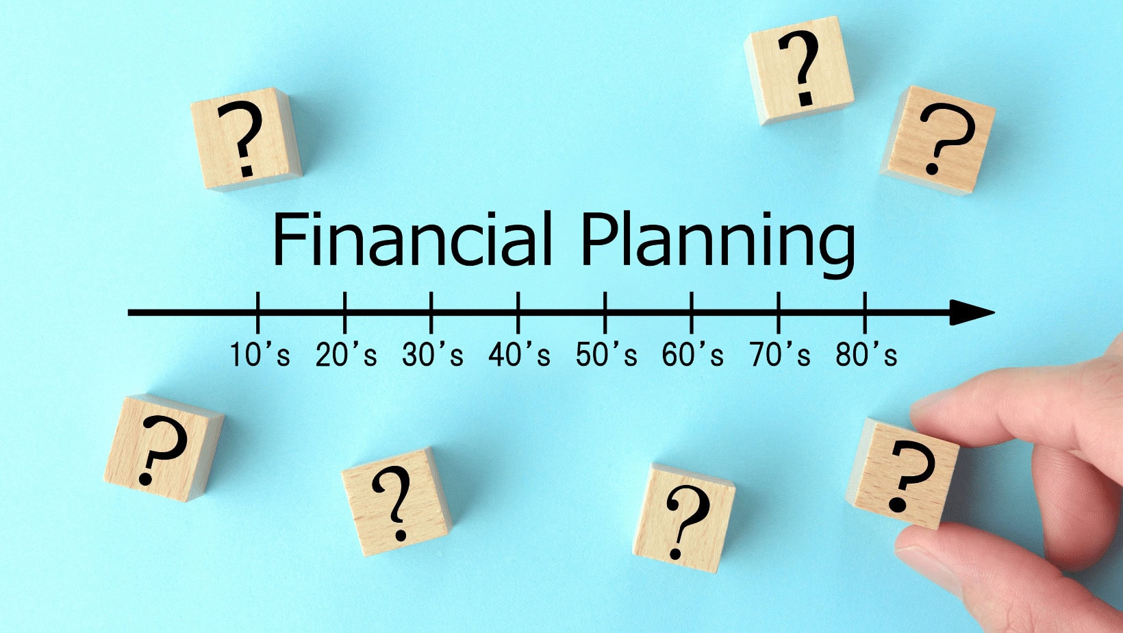 Financial planning timeline with question mark blocks and hand.