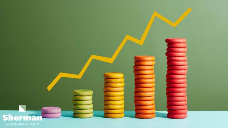 Upward trending growth chart over stacked coins representing an investment portfolio