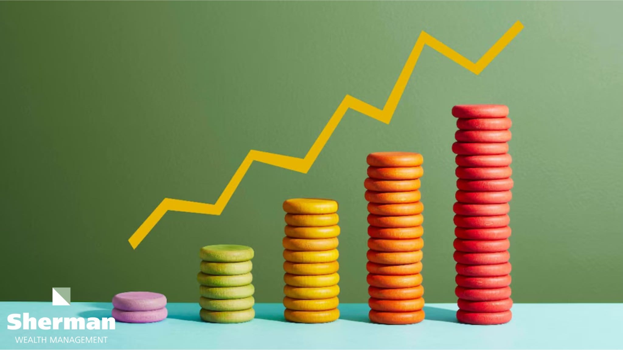 Upward trending growth chart over stacked coins representing an investment portfolio